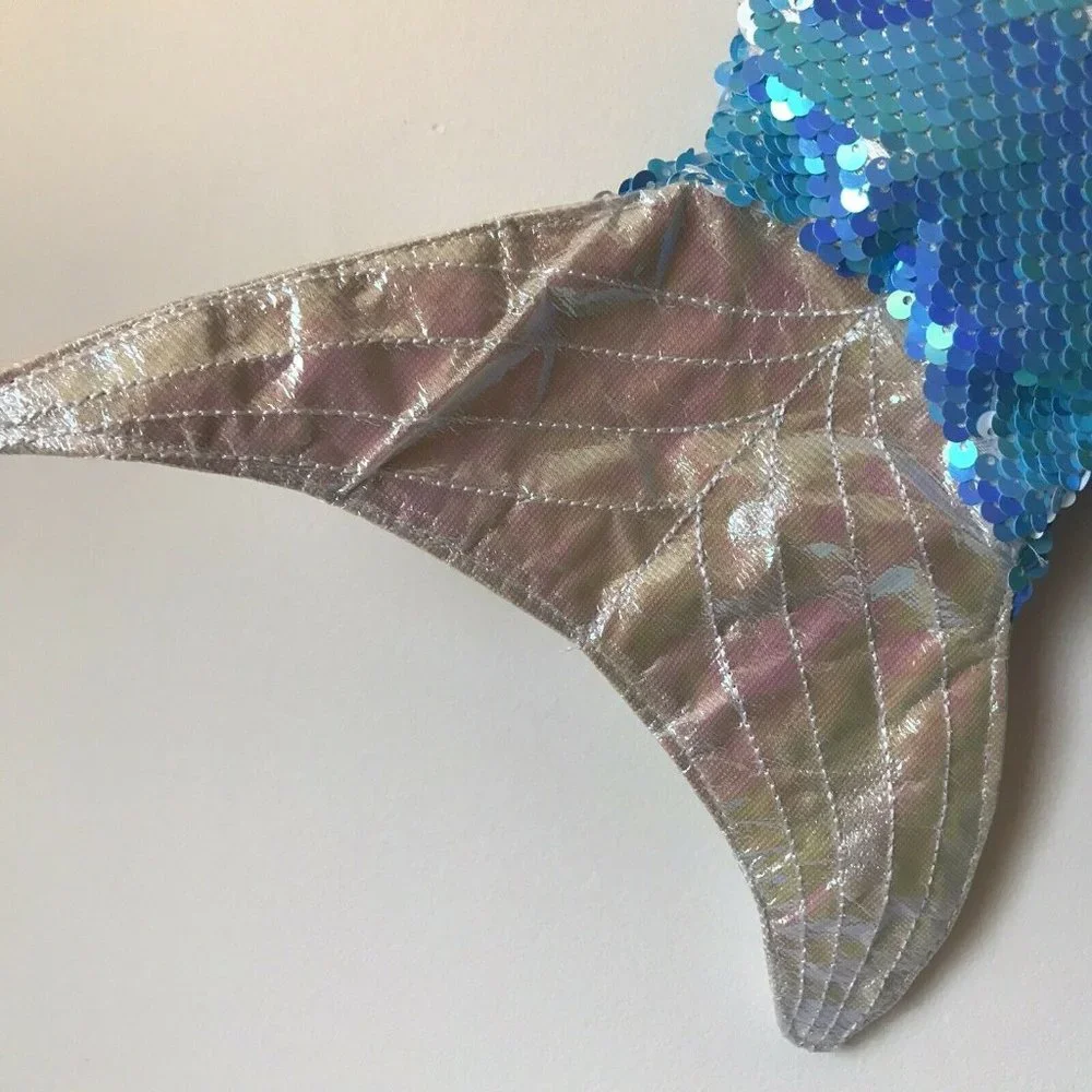 Mermaid Tail Blue Silver sequin Christmas Stocking‎ 14” fleece lined embellished